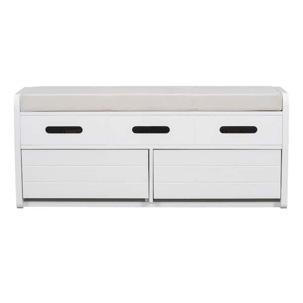 COWLOWN 43 in. W x 15 in. D x 18.5 in. H White Linen Cabinet Shoe Bench with 2 Drawers, Hidden Storage Space