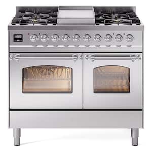 Nostalgie II 40 in. 6 Burner Freestanding Double Oven Dual Fuel Range in Stainless Steel with Chrome