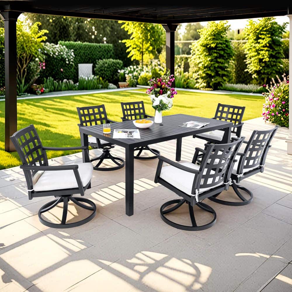 7-Piece Aluminum Outdoor Dining Set with a Rectangular Table and 6-Swivel Rock Dining Chairs, Beige Cushions, Black