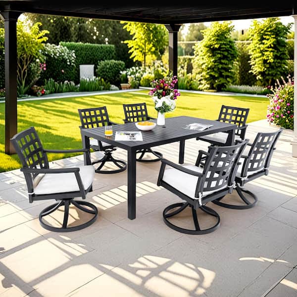 7-Piece Aluminum Outdoor Dining Set with a Rectangular Table and 6-Swivel Rock Dining Chairs, Beige Cushions, Black
