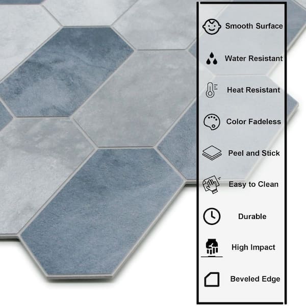 Small Long Hexagon 12 in. x 11.5 in. Blue Peel and Stick Backsplash Stone Composite Wall Tile (10 Tiles, 9.68 sq. ft.)