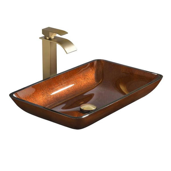WELLFOR Brown Glass Rectangular Vessel Sink with Single Hole Faucet and Pop-Up Drain