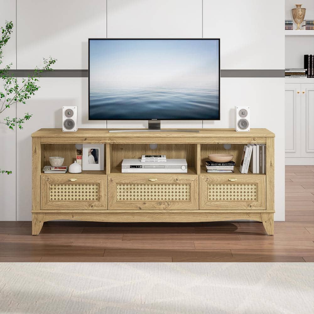 FESTIVO 55 in. Yellow Natural Wood TV Stand for TVs up to 60 in. With