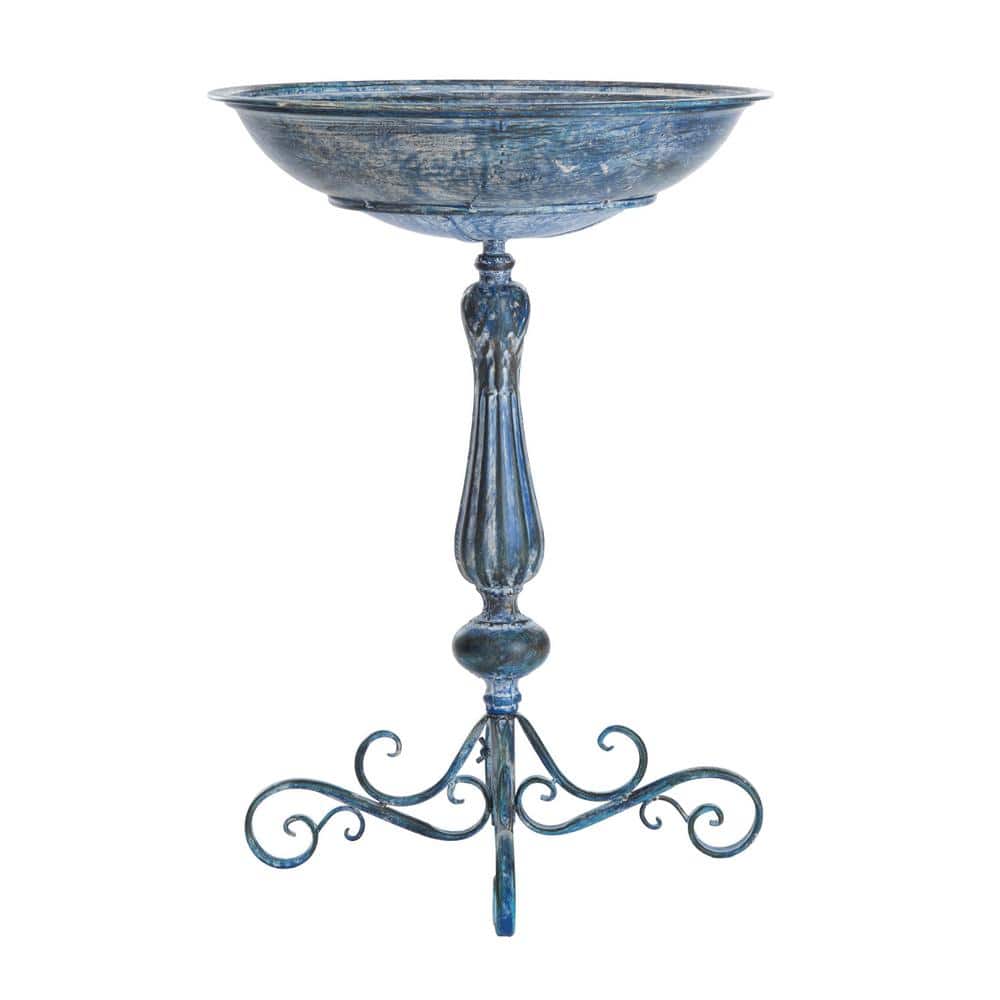 Victorian Mossy Blue Iron Birdbath with Scrollwork