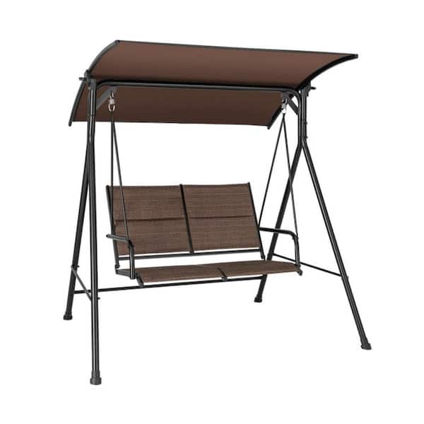 Kadehome 2-Person Black Metal Patio Swing Chair with Adjustable Canopy and Cushion in Brown