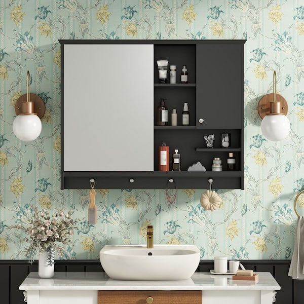 36 in. W x 28 in. H Black Rectangular Wall Mounted Medicine Cabinet with Mirror, Adjustable Shelves