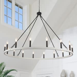 16-Light 47 in. Large Modern Black/Distressed White Farmhouse Candle Wagon Wheel Chandelier for Dining Room