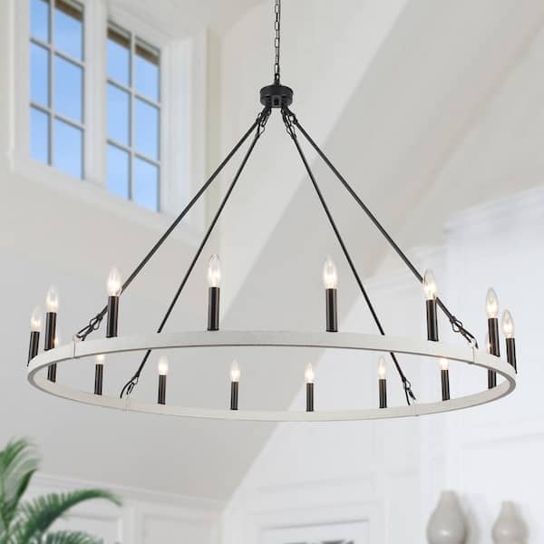 LWYTJO 16-Light 47 in. Large Modern Black/Distressed White Farmhouse Candle Wagon Wheel Chandelier for Dining Room