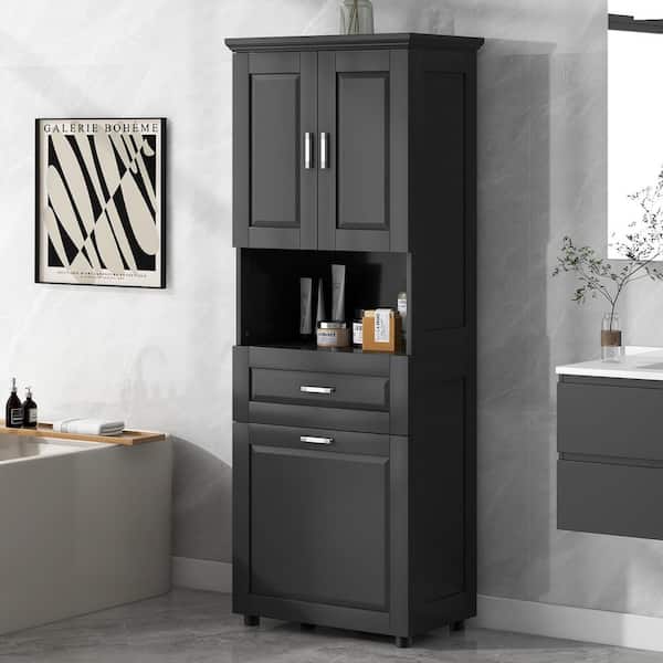 Tenleaf 25 in. W x 16 in. D x 70 in. H Black MDF Freestanding Linen Cabinet with Laundry Basket, Drawers, Adjustable Shelf