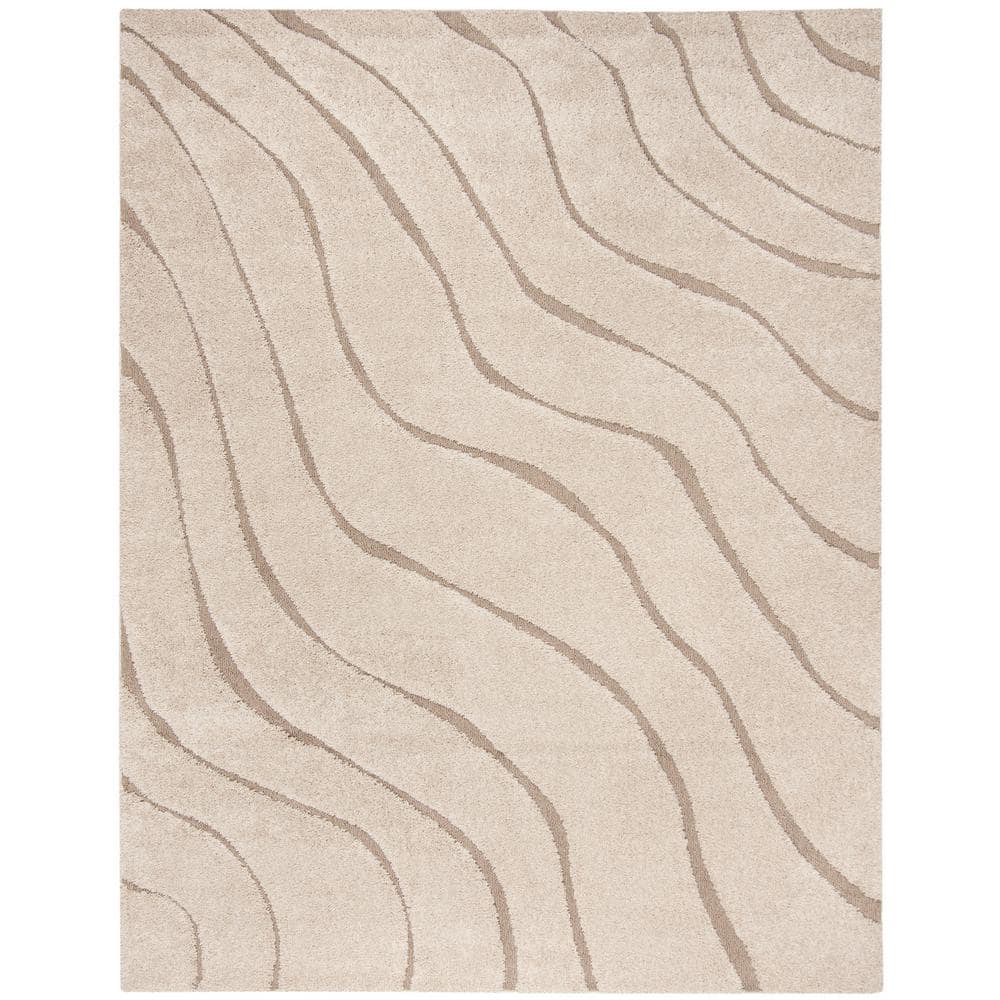Cream Beige Abstract Shag Area Rug