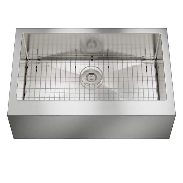 33 in. Farmhouse Apron Front Single Bowl Brushed Stainless Steel Kitchen Sink with Drainage Grid and Drain Assembly
