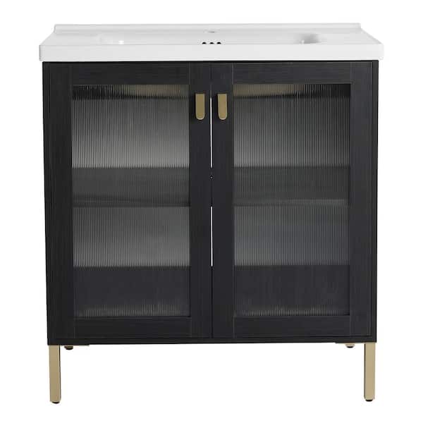 JimsMaison 32 in. W x 18.7 in. D x 34.8 in. H Freestanding Bath Vanity in Black with White Ceramic Top
