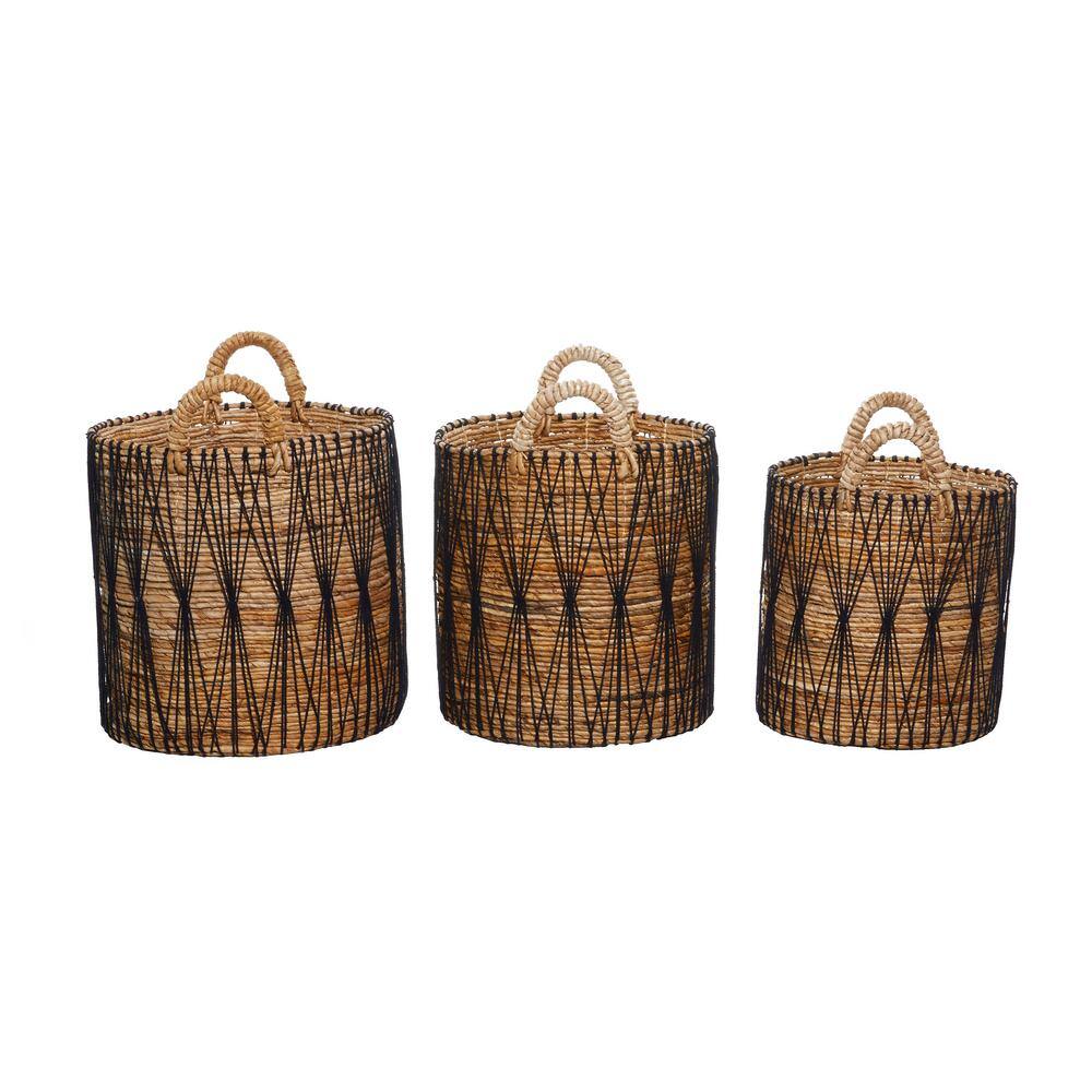 Handmade Brown and Black Banana Leaf Storage Baskets with Handles, Set of 3
