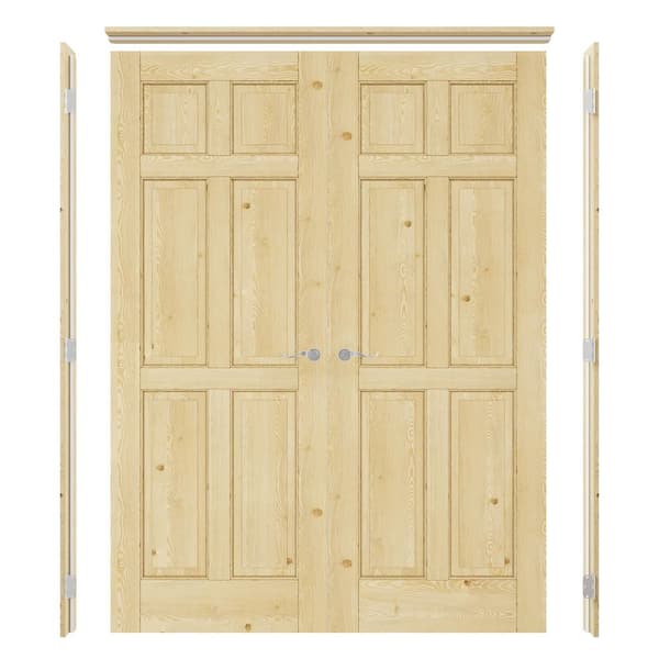 60 in. x 80 in. 6-Panel Universal Unfinished Solid Core Pine Wood Double Prehung French Door+ Quick Assemble Pine Jamb