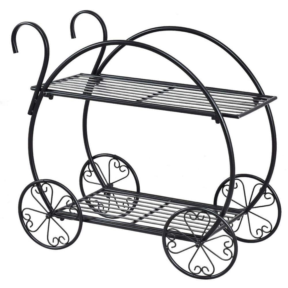 Black Steel Two-Tiered Indoor/Outdoor Plant Stand with Decorative Wheels