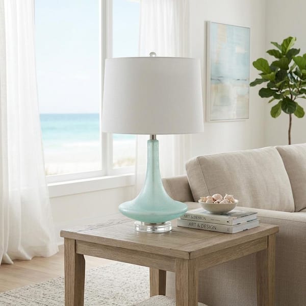 26 in. Green Gourd Table Lamp with White Linen Shade