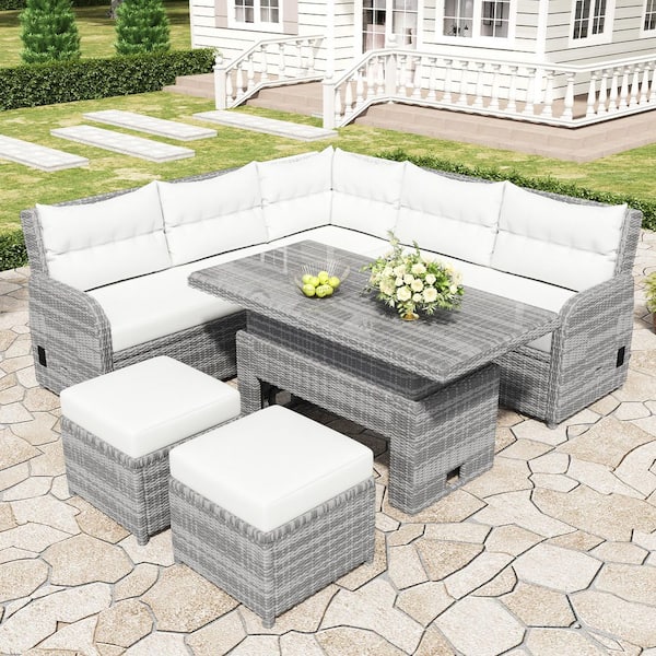 Unbranded 5-piece Wicker Outdoor patio Sectional sofa furniture set with adjustable table and two footstools, Beige Cushions
