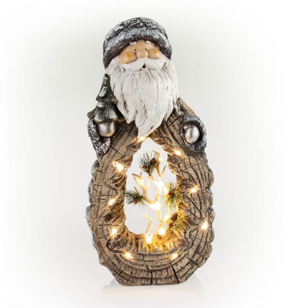 Alpine Corporation 21 in. Tall Santa Statue with Carved Wood Look and LED Lights
