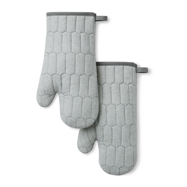 Honeycomb Quilted Chambray Grey 7 in. x 13 in. Cotton Oven Mitt Set 2-Piece