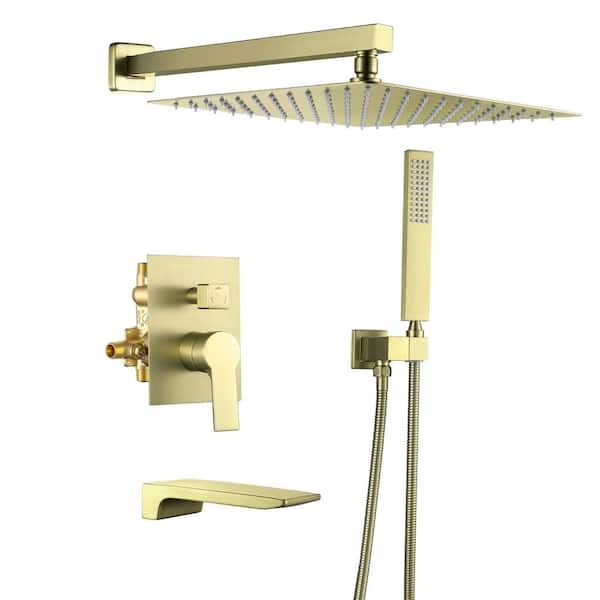 FORCLOVER Single Handle 1-Spray Wall Mount Shower Faucet 2.4 GPM with Waterfall Spout Tub and 12 in. Shower Head in Brushed Gold