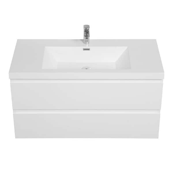 41.93 in. W Wall Mounted Bath Vanity in White with White Resin Top