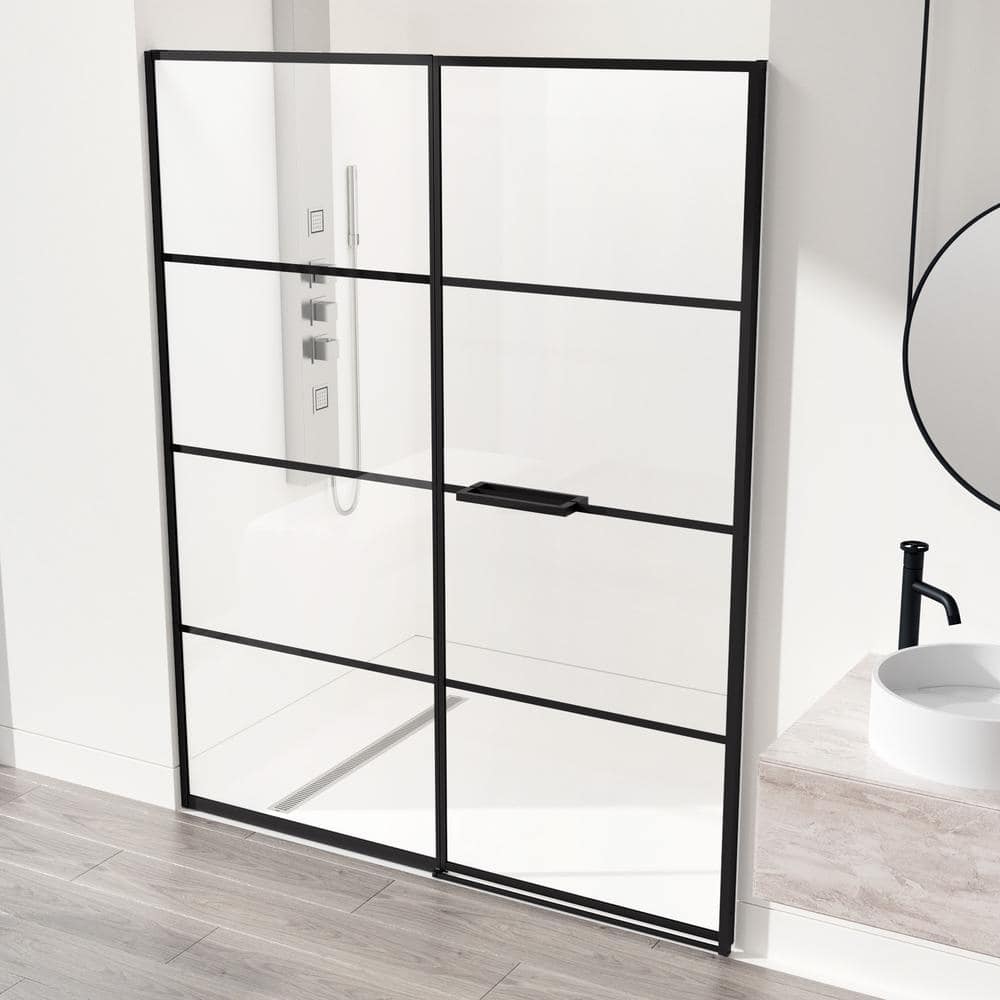 Meridian 60" Matte Black and Clear Grid Glass Shower Door