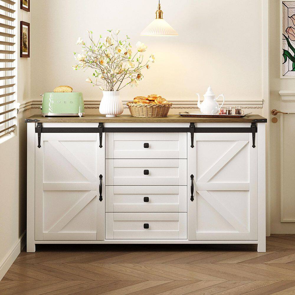 55 in. W White Particle Board Buffet / Sideboard with Power Outlet, Sliding Barn Doors & 4 Drawers for Dining Room price history on PriceWatchPro