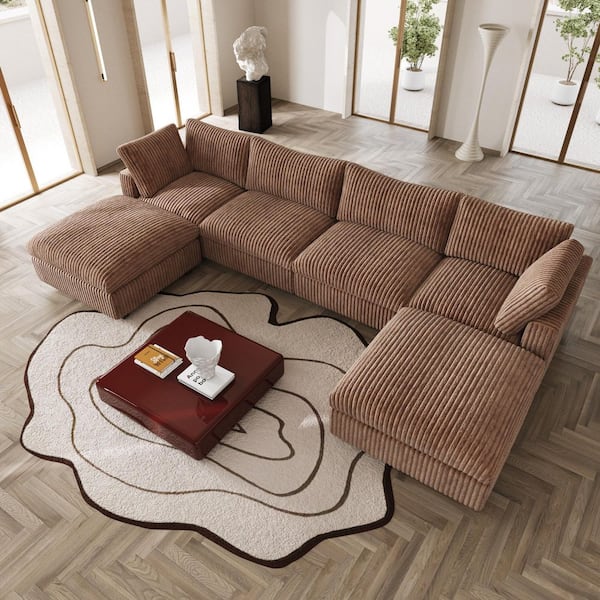 J&E Home 157.48 in. Rabbit Plush Fabric Square Arm 6-Piece Modular Free Combination Sectional Sofa in Brown