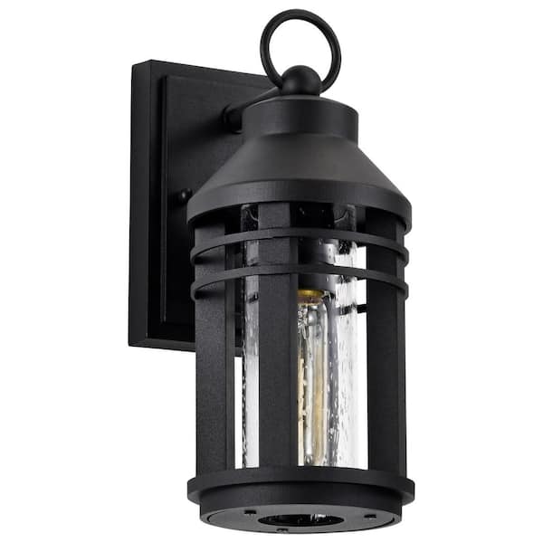 SATCO Wilton 1-Light Matte Black Hardwired Outdoor Wall Lantern Sconce with Clear Seeded Glass Shade