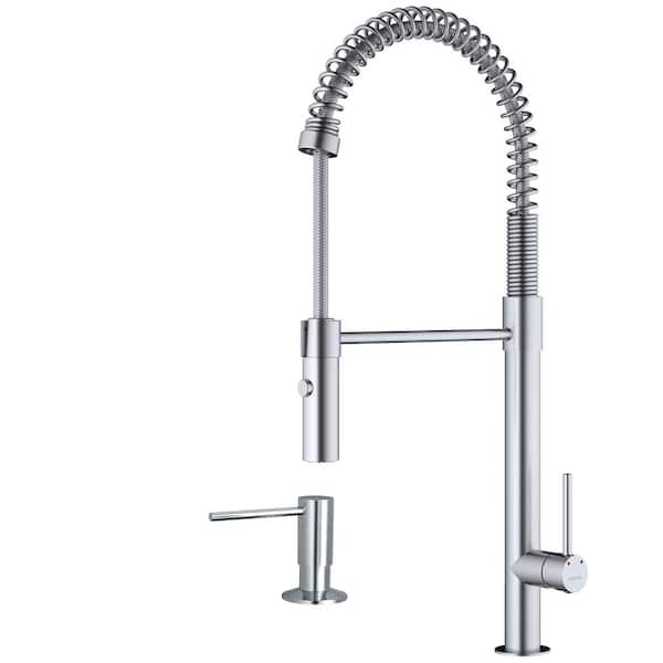 Karran Bluffton Single Handle Pull Down Sprayer Kitchen Faucet with Matching Soap Dispenser in Stainless Steel