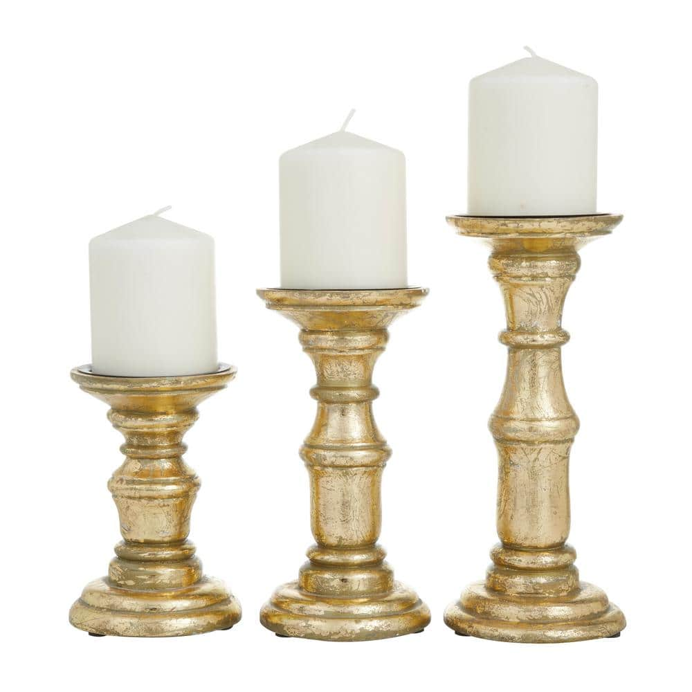 Litton Lane Gold Mango Wood Turned Style Pillar Candle Holder (Set of 3 ...