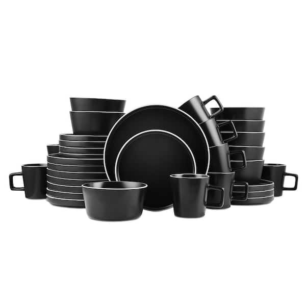Stone Lain Allison 32-Piece Dinnerware Set Stoneware, Service For 8, Black Matte, White Rim