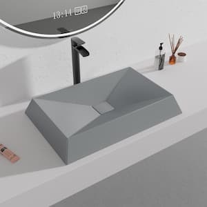 Concrete Rectangular Bathroom Vessel Sink Art Basin in Mottled Bluish Grey with X-Diversion Line and Drainer