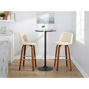 Toriano 29.5 in. Cream Faux Leather, Walnut Wood, and Chrome Metal Fixed-Height Bar Stool (Set of 2)