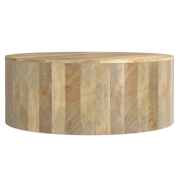 Millbury SOLID MANGO WOOD 36 in. Wide Round Modern Industrial Drum Coffee Table in Natural, Fully Assembled