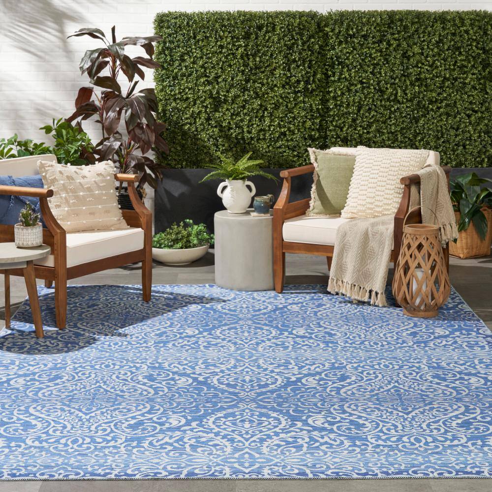 Waverly Blue Damask Washable Synthetic Area Rug, 8' x 10'