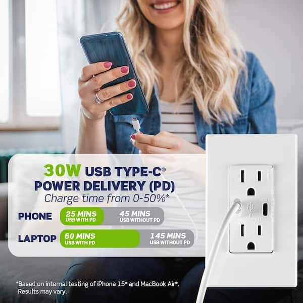 Decora 15 Amp Tamper Resistant Duplex Outlet with 30W USB-C Power Delivery Charger, Gray (1-Pack) T5635-G