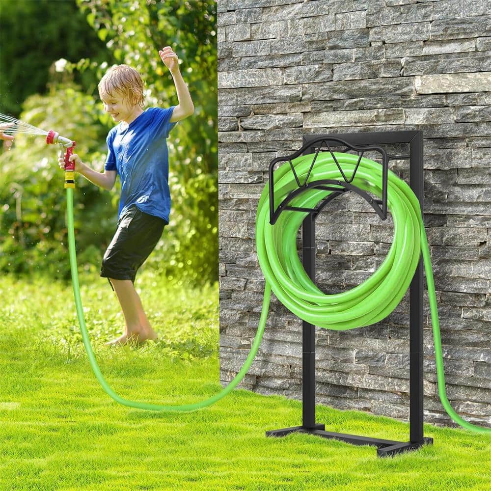 Freestanding Black Metal Garden Hose Holder with 4 Spikes