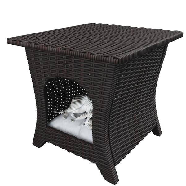 Gardenbee Brown Wicker Outdoor End Table Pet Side Table with Storage