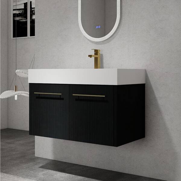 FAMYYT 36 in. W x 18.1 in. D x 22.4 in. H Single Sink Floating Bath Vanity in Black with White Thick Edged Resin Top and Basin