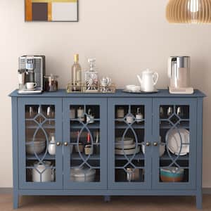 Blue Wood Storage Cabinet TV Console with 4-Glass Doors, Adjustable Shelves