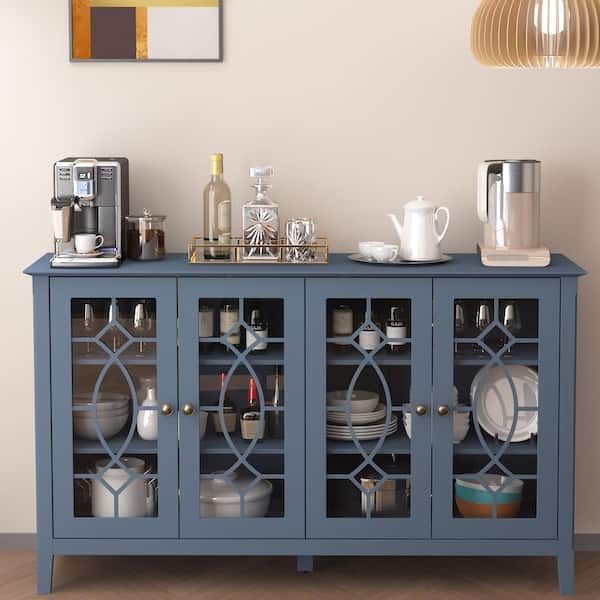 FUFU&GAGA Blue Wood Storage Cabinet TV Console with 4-Glass Doors, Adjustable Shelves