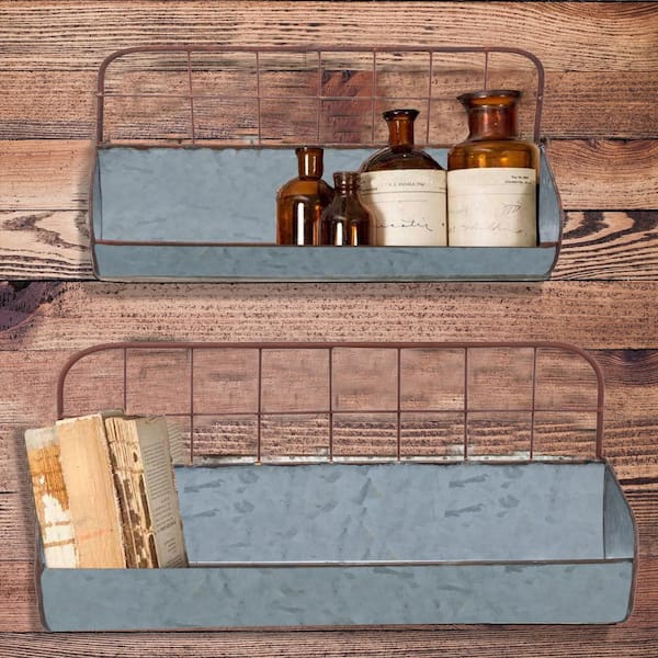Benzara Galvanized Metal Gray Wall Iron Shelves with Wired Back (Pack of 2)