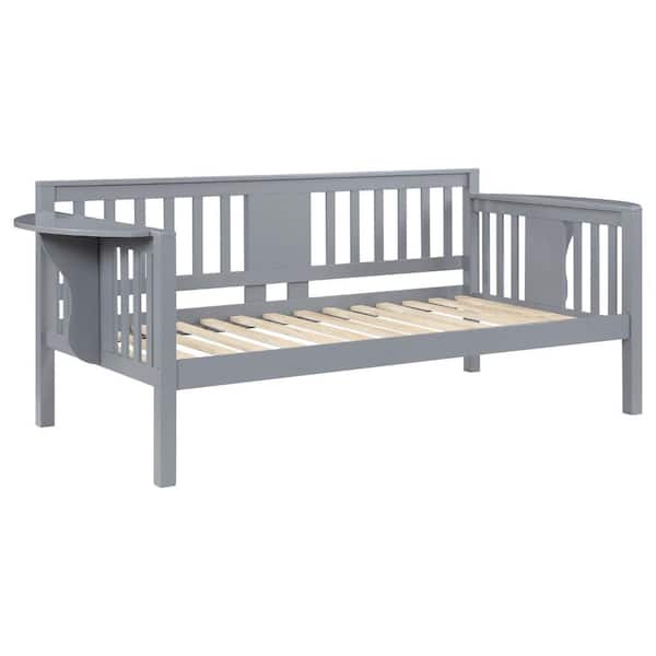 Benjara Daisy Gray Twin Daybed with Drop Down Tables and Slats for Mattress