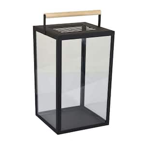 Black and Brown Metal Decorative Lantern with Wooden Handle and Glass Panel