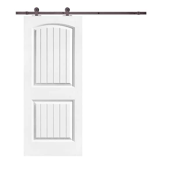CALHOME Elegant Series 30 in. x 80 in. White Primed Composite MDF 2 Panel Camber Top Sliding Barn Door with Hardware Kit
