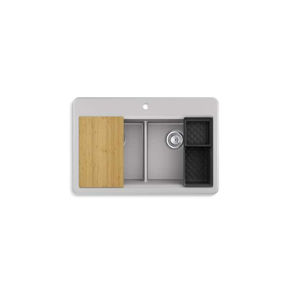 Lassen 33 in. Drop-in Double Bowl Granite Composite Kitchen Workstation Sink in Matte Grey with Accessories