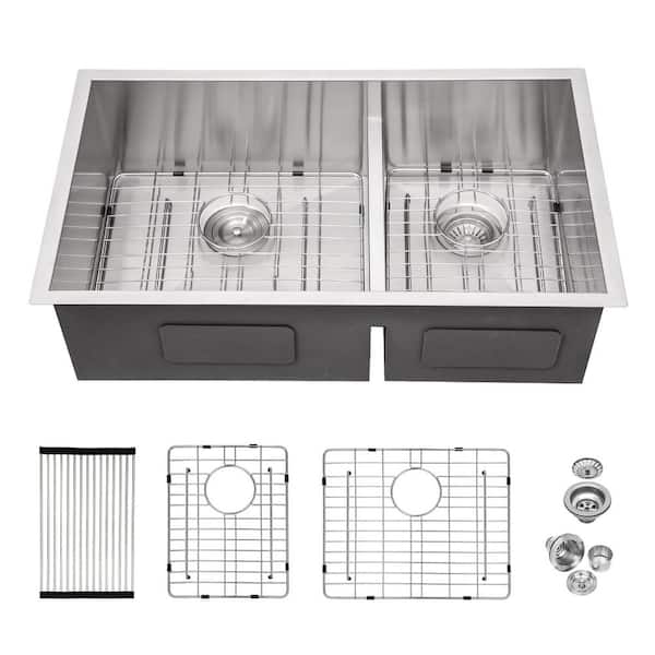 30 in. Drop-In/Undermount Double Bowl 16-Gauge Brushed Nickel Stainless Steel Kitchen Sink with Grid and Drain