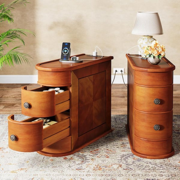 BYBLIGHT Kerlin 10.8 in. Walnut Rectangular Real Wood End Table with Charging Station (Set of 2), No Assembly Required