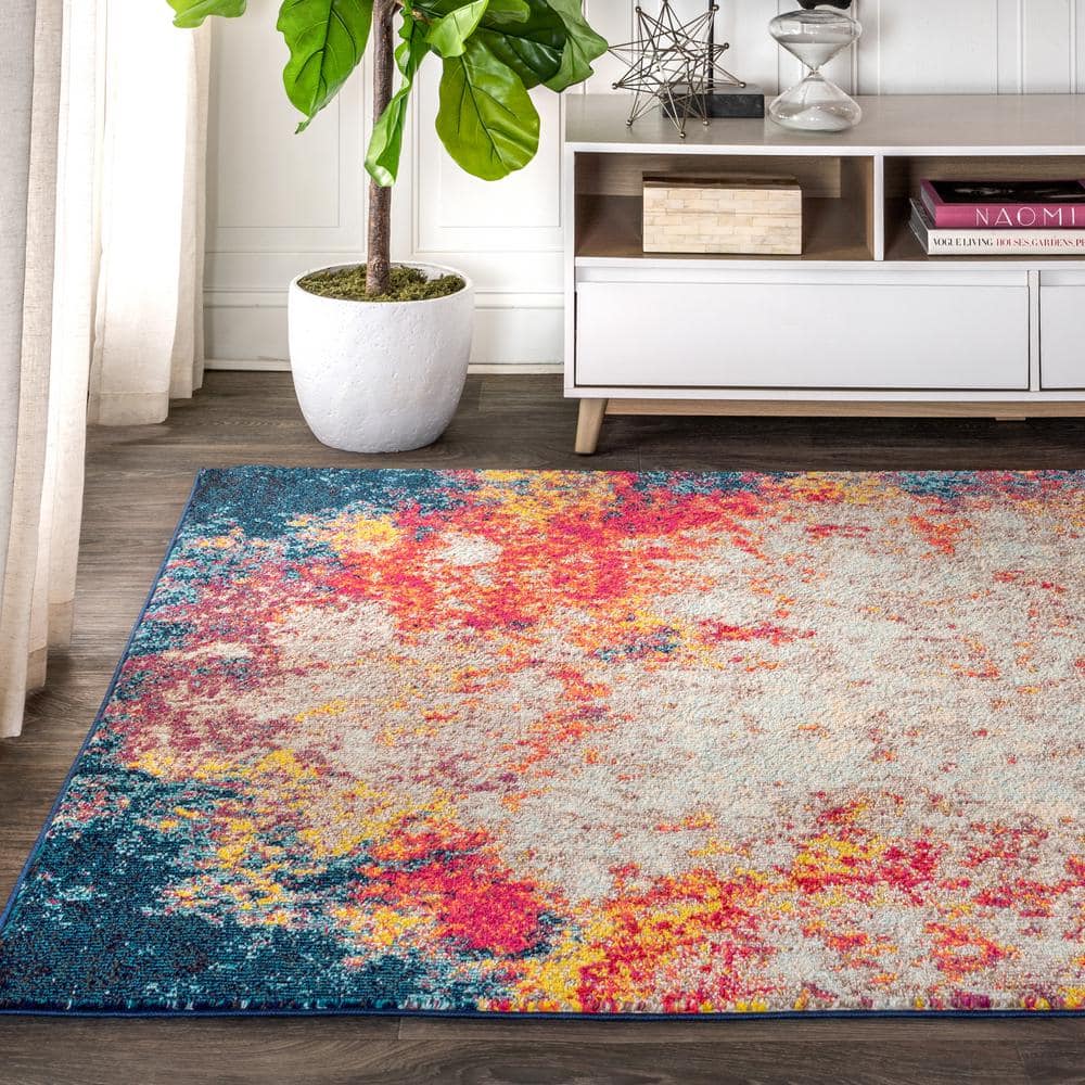 Modern Abstract Cream/Blue Synthetic 5'x8' Easy-Care Area Rug